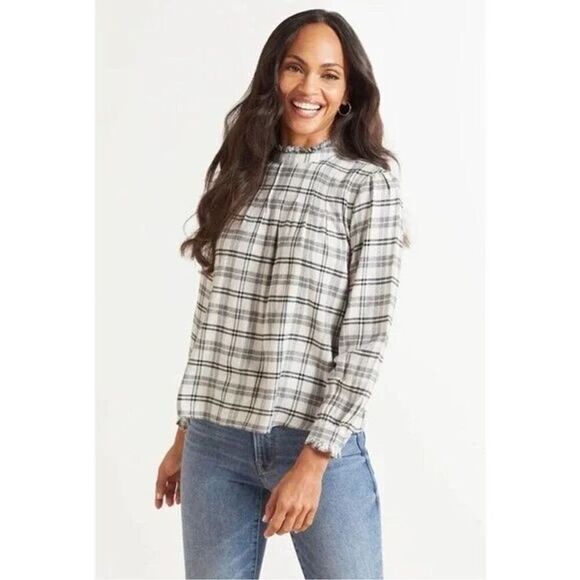 Rails Tops - Rails Women's Plaid Ruffle Neck Blouse Ivory Onyx Size M Long Sleeve